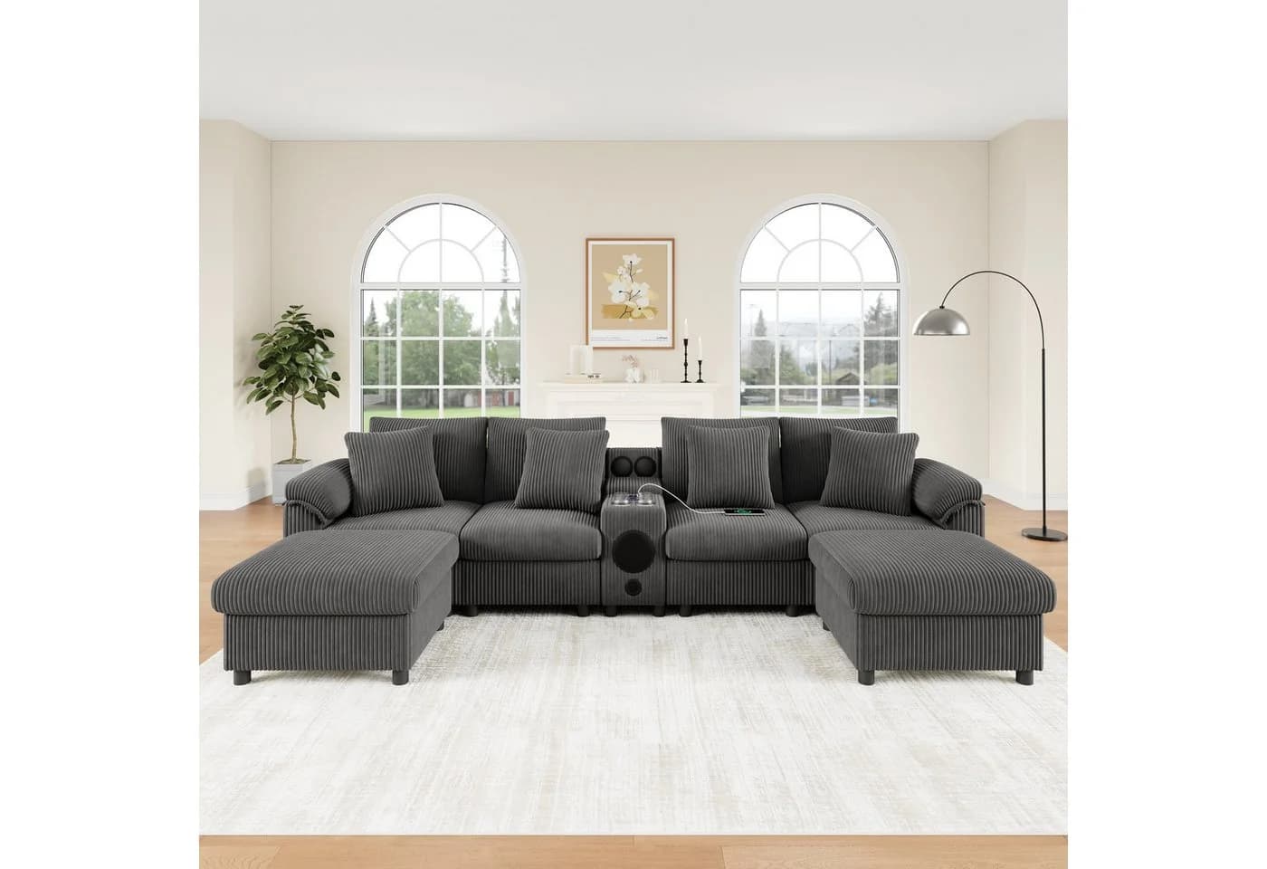 Merax Ecksofa Grau Cordstoff mit Bluetooth & Medienkonsole