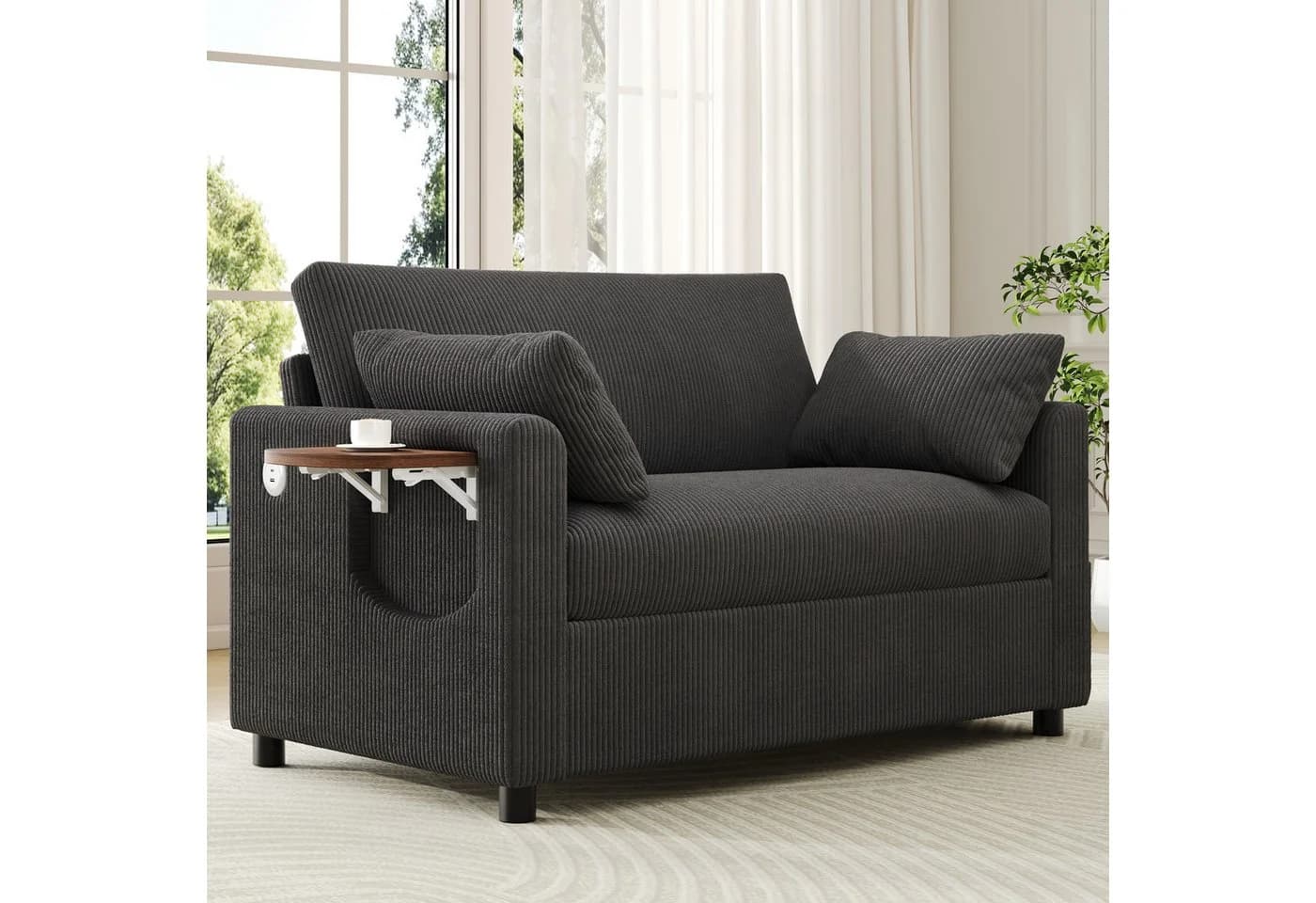 Merax Schlafsofa mit USB-Ladeanschluss und Klapptisch Grau