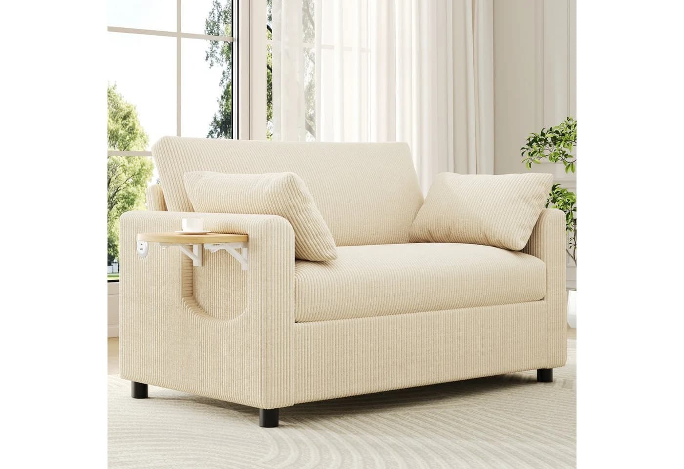 Merax Schlafsofa mit USB-Ladeanschluss und Klapptisch Beige Grau