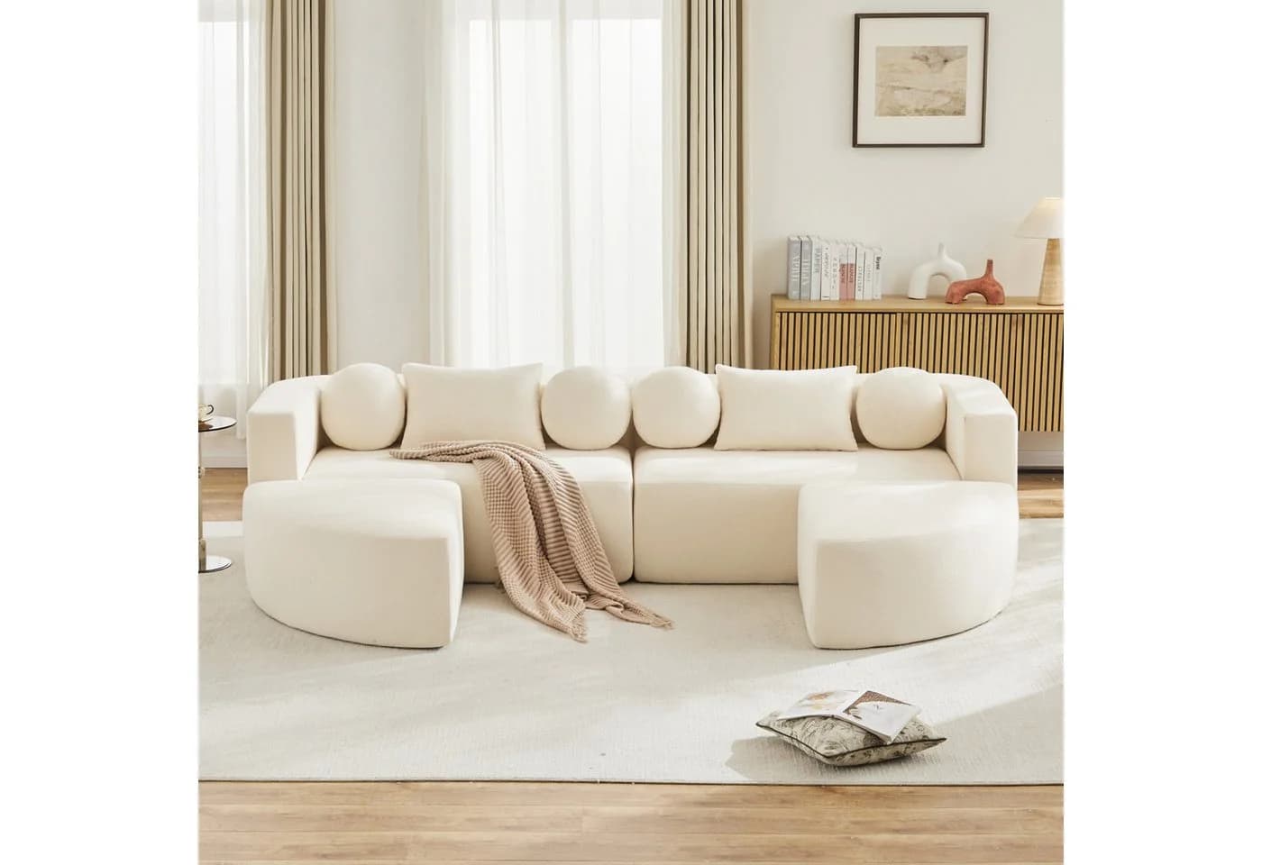 Merax Ecksofa 4-Sitzer Beige Chenille Schlafcouch