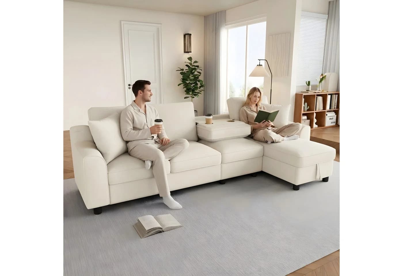 Merax Ecksofa L-Form 4-Sitzer Chenille mit Chaiselongue