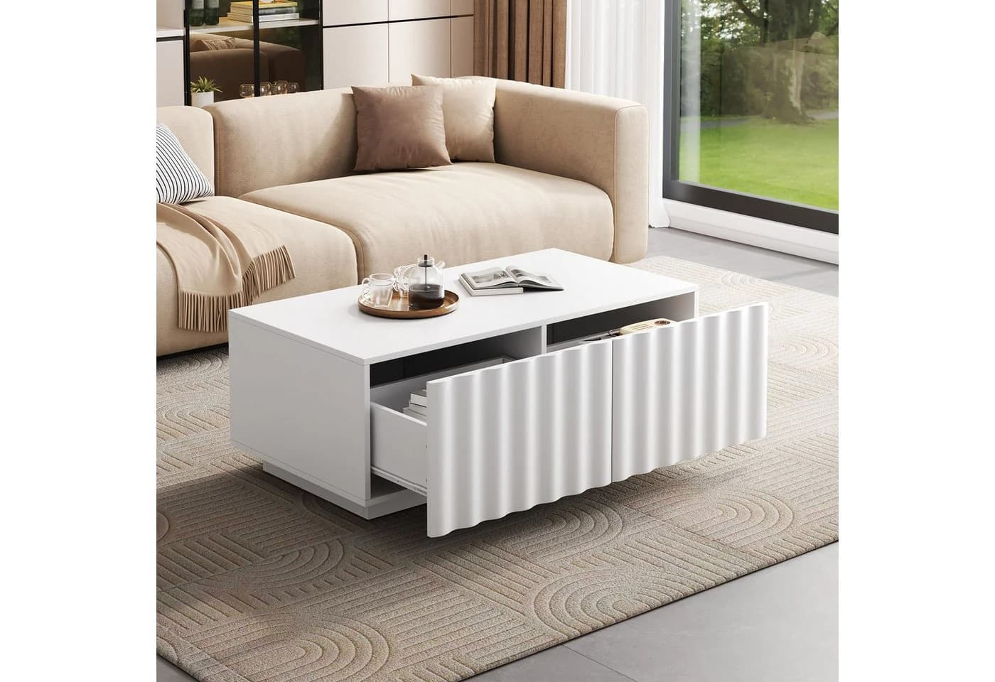 Merax Couchtisch mit Wellenmuster und 2 Schubladen