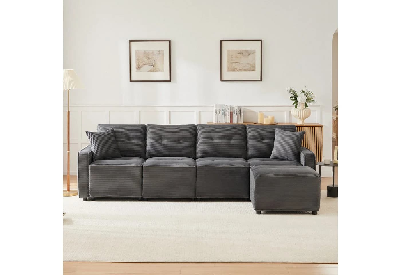 Merax Ecksofa 4-Sitzer Cord mit Stauraum und Hocker