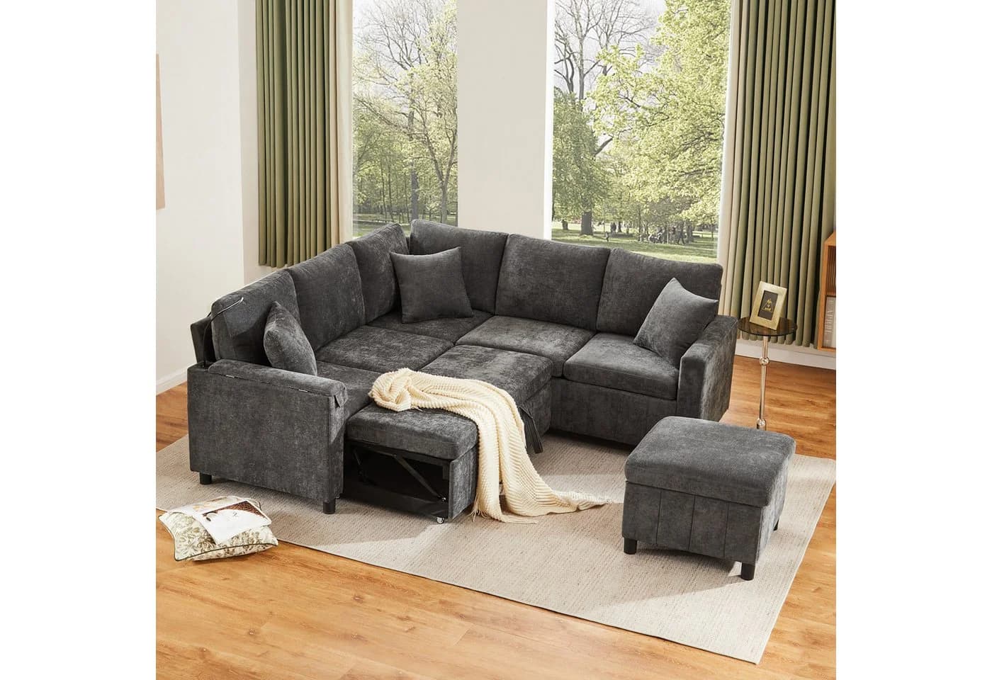 Merax Ecksofa 4-Sitzer Schlafsofa Chenille Beige/Grau