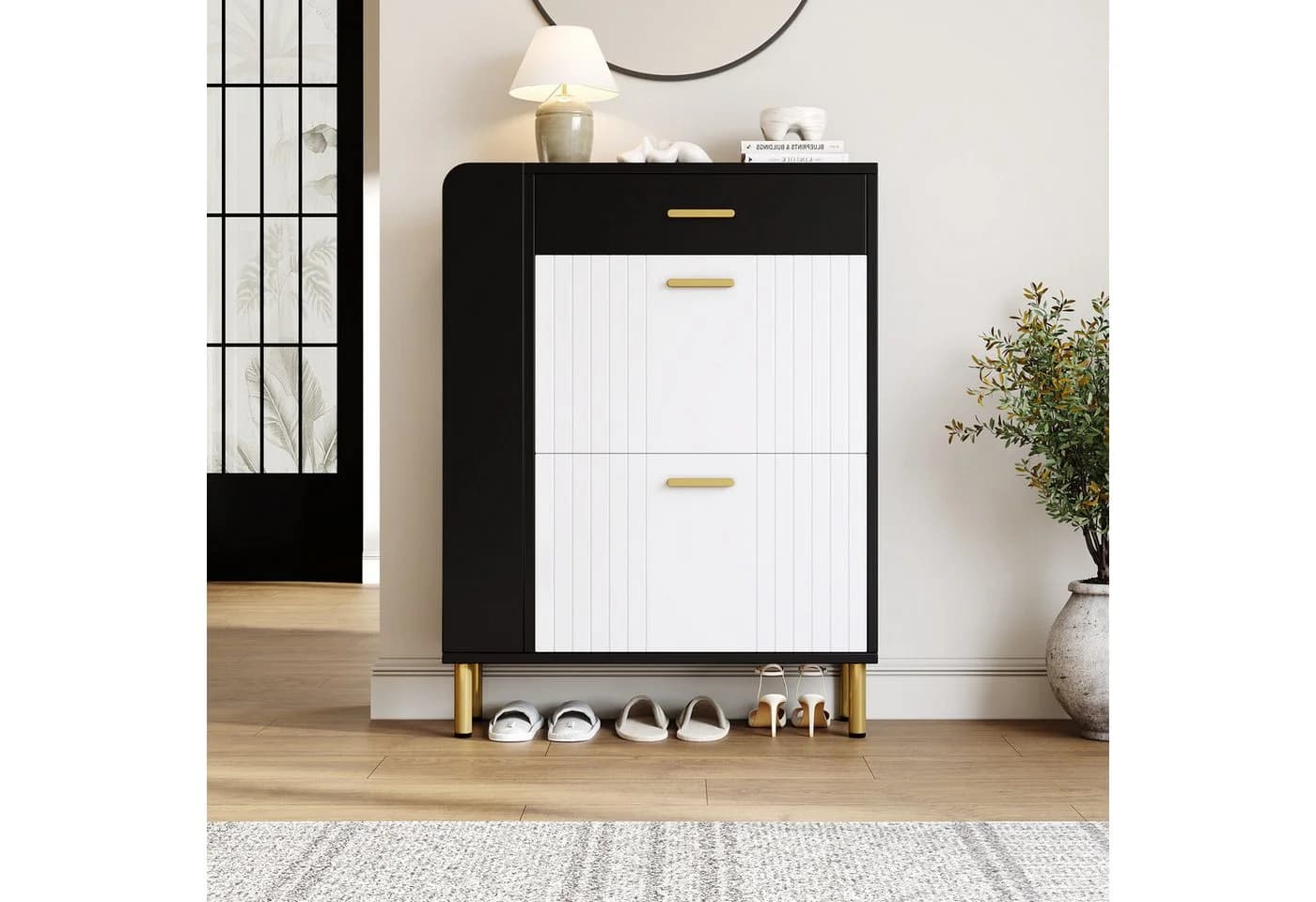 Merax Schuhschrank Schwarz-Weiß mit 2 Klappen, 1 Schublade & 3 Fächern
