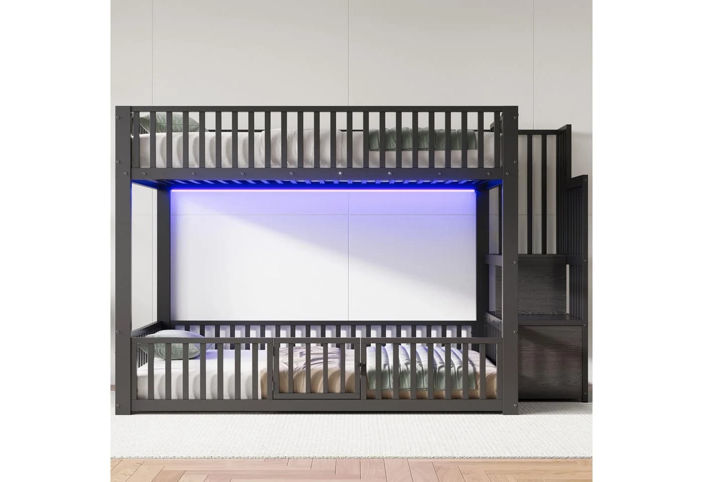 Merax Etagenbett mit LED-Beleuchtung und Stauraumleiter Schwarz/Weiß