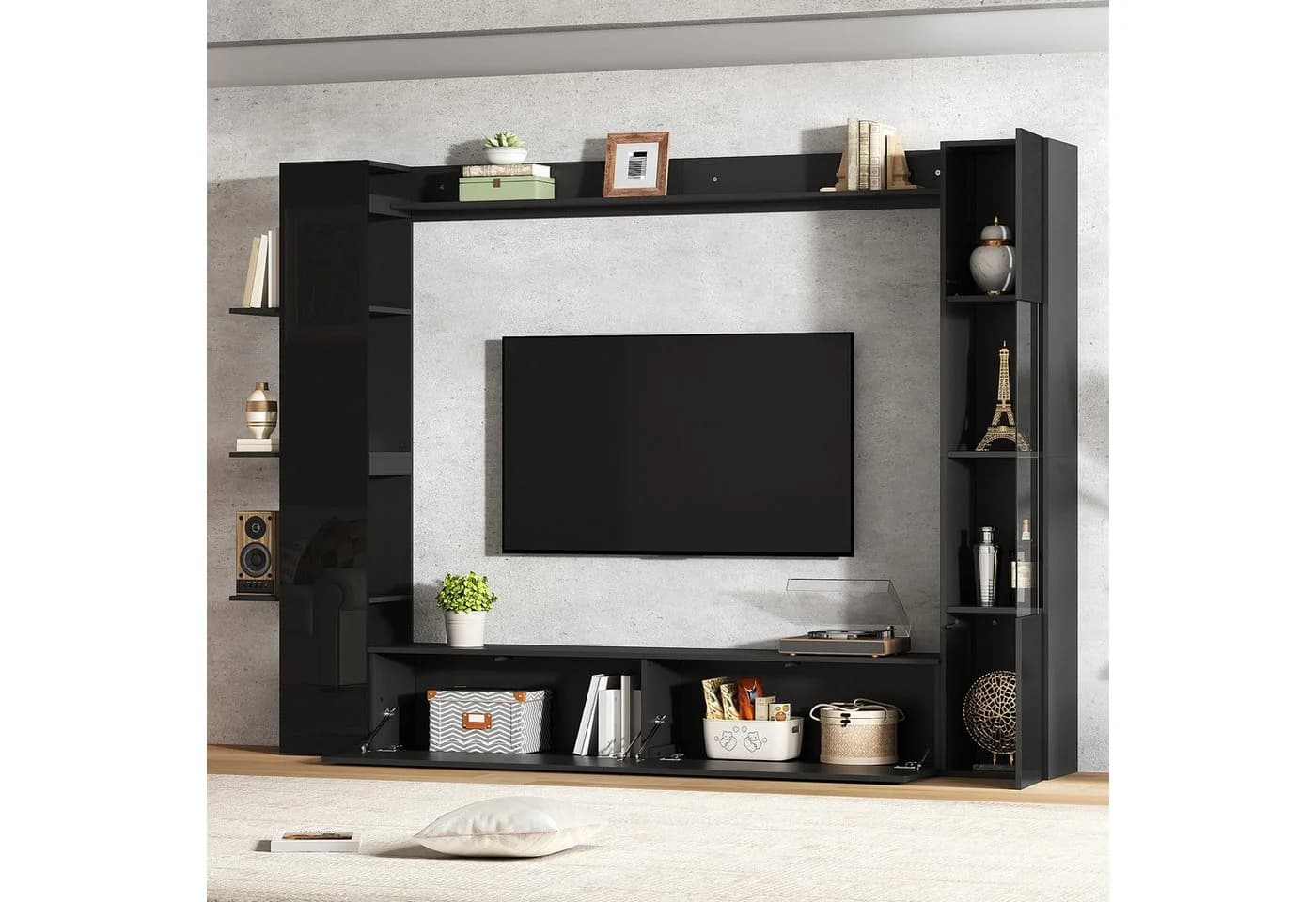 Merax Wohnwand 4-teilig Weiß mit TV-Schrank, Vitrine & Regalen