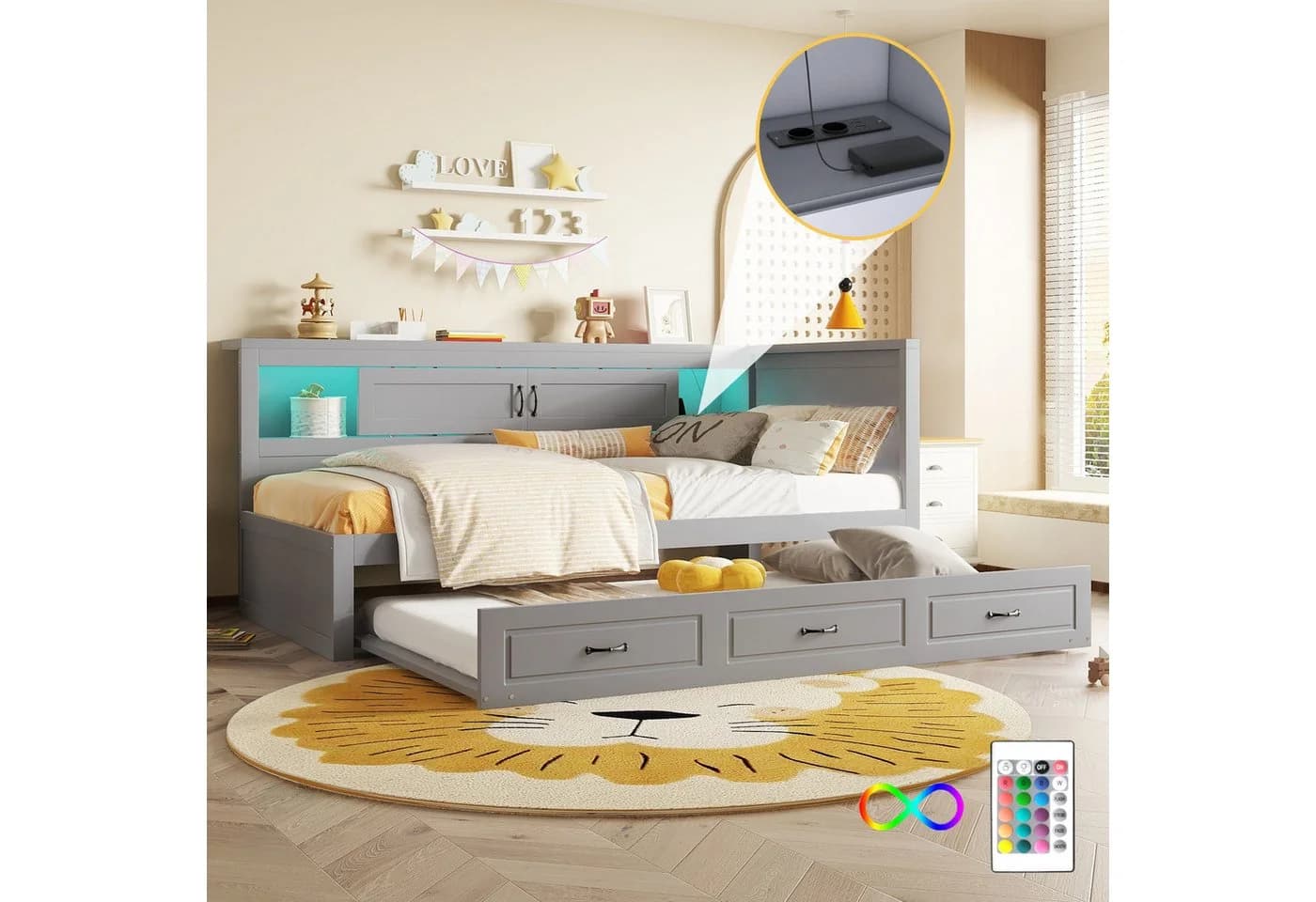 Flieks Daybett Grau mit LED und Ausziehfunktion