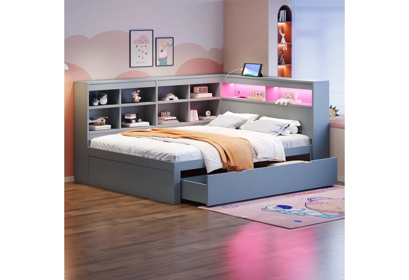 Flieks Massivholzbett Grau mit LED, USB und Stauraum