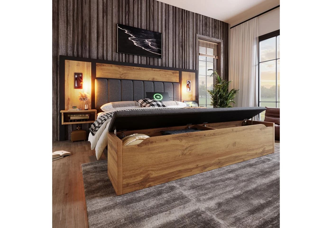 Flieks Holzbett 160x200 mit Leselampe, Nachttisch & Sitzbank