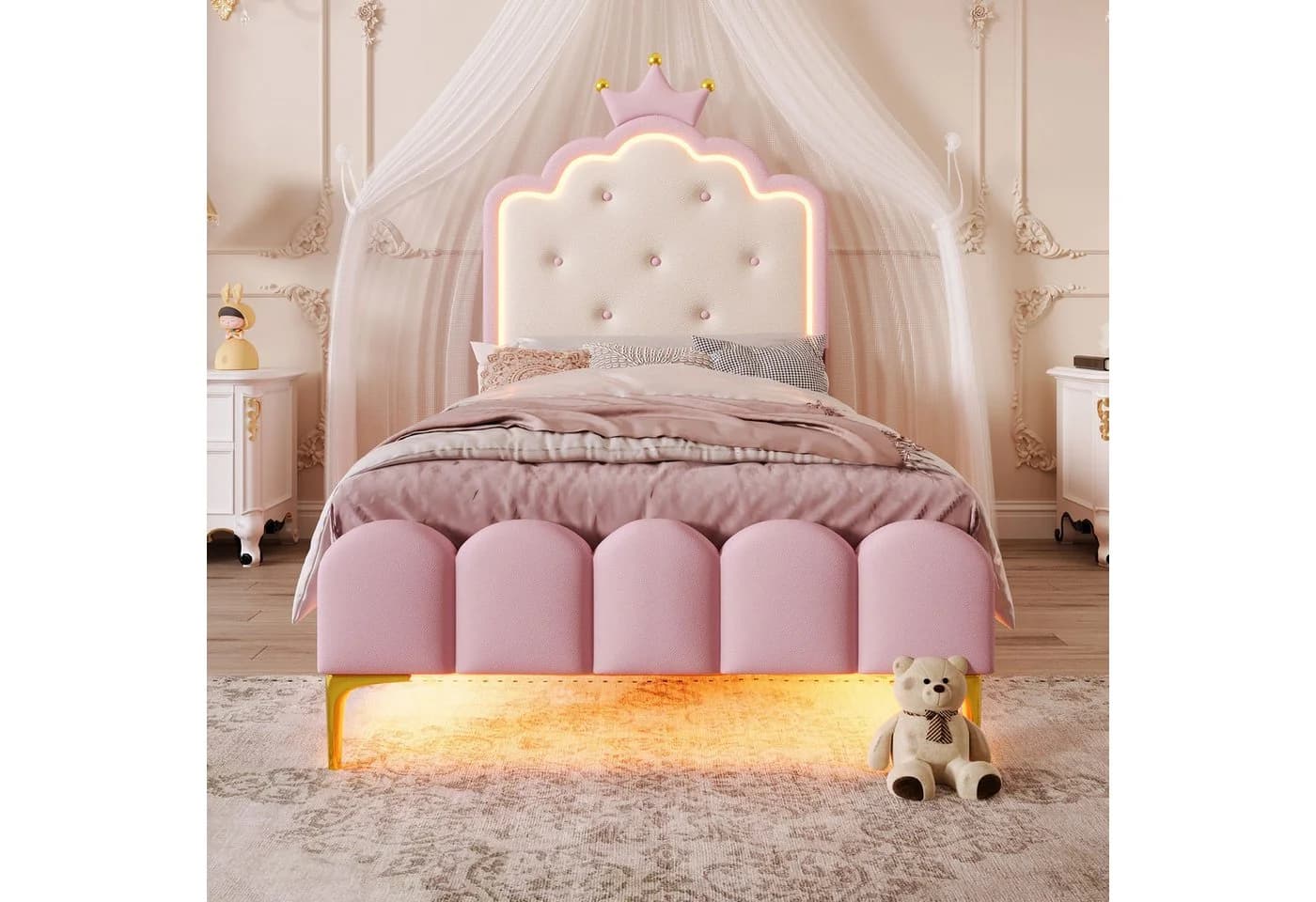 Flieks Prinzessinnenbett mit LED und Krone-Design Rosa