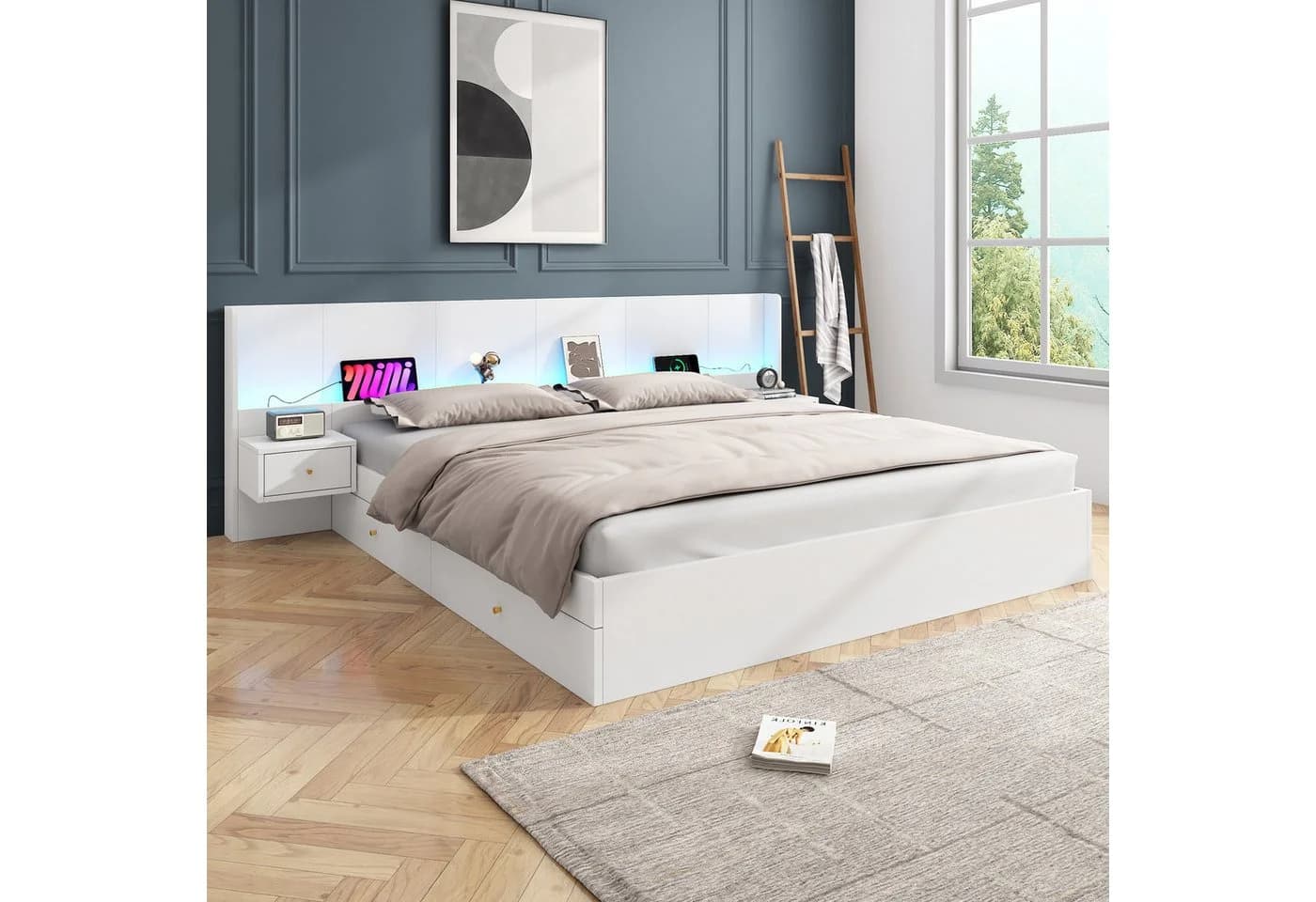 Flieks LED Doppelbett mit Nachttischen und Schubladen