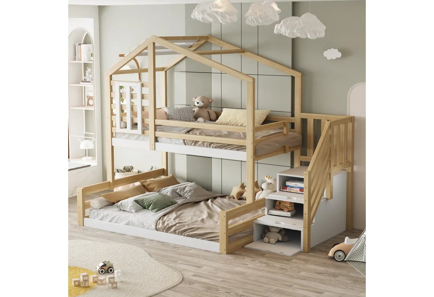 Flieks Etagenbett mit Haus-Fenster-Design und Stauraumtreppe
