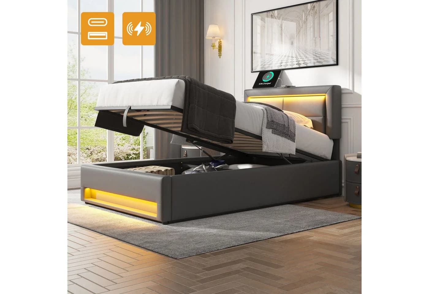 Flieks Polsterbett Grau mit LED, USB und Stauraum