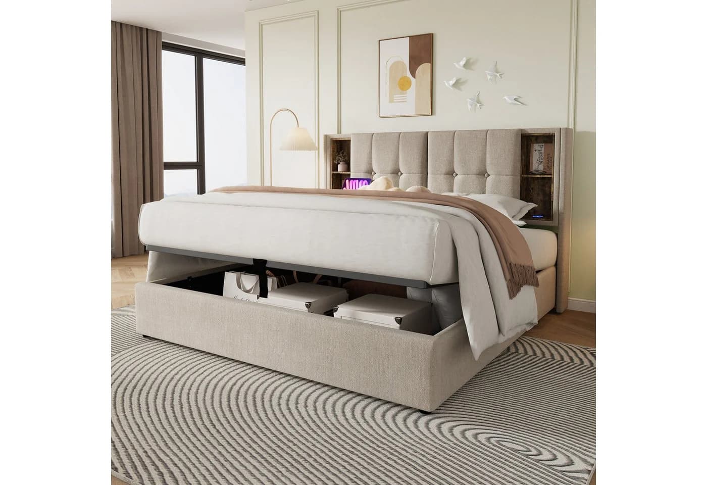 Flieks Polsterbett mit USB-Ladefunktion und Stauraum Leinen Beige