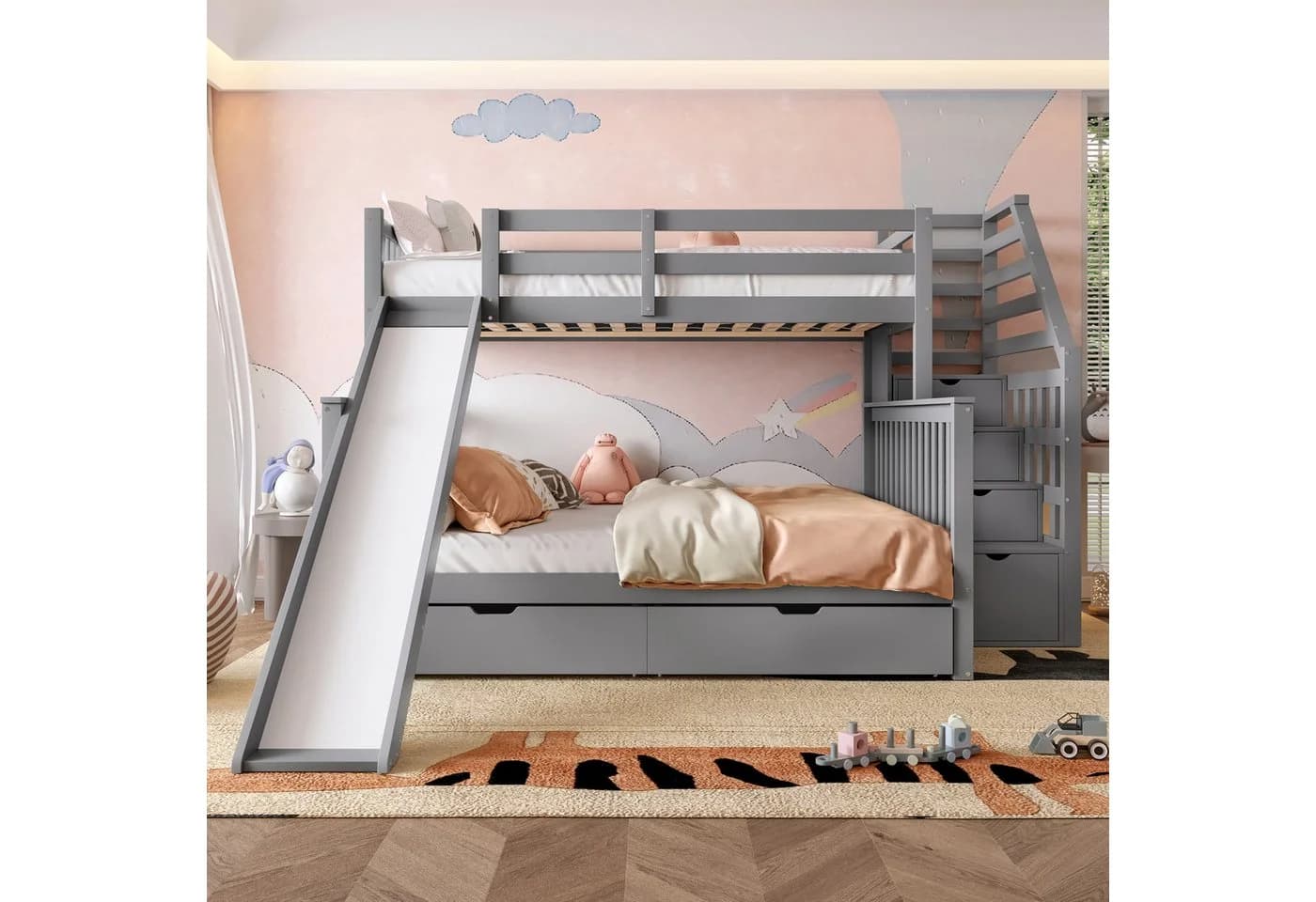 Flieks Etagenbett mit Rutsche & Schubladen Grau
