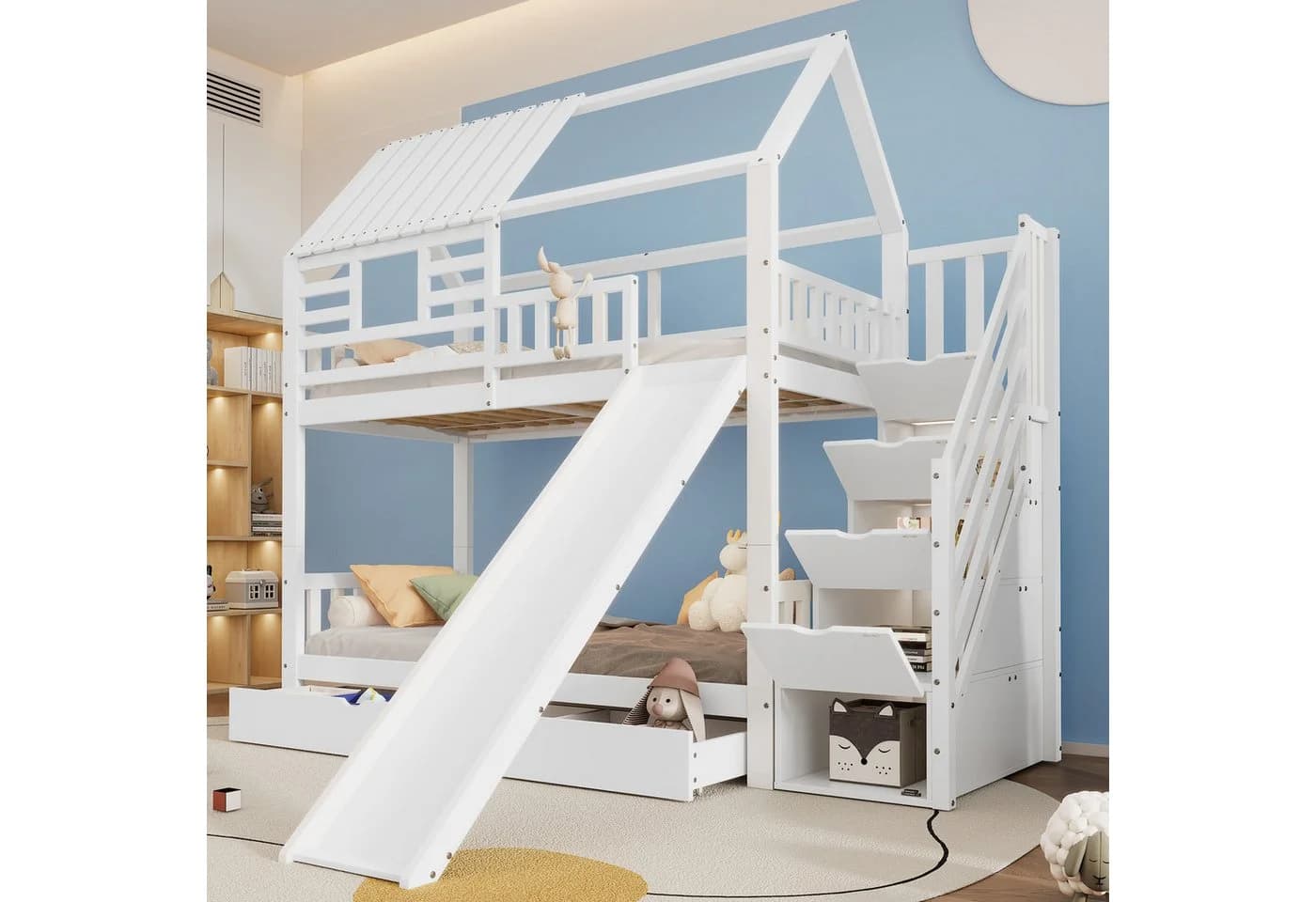 Flieks Etagenbett Hausbett Kinderbett mit Rutsche und Stauraum