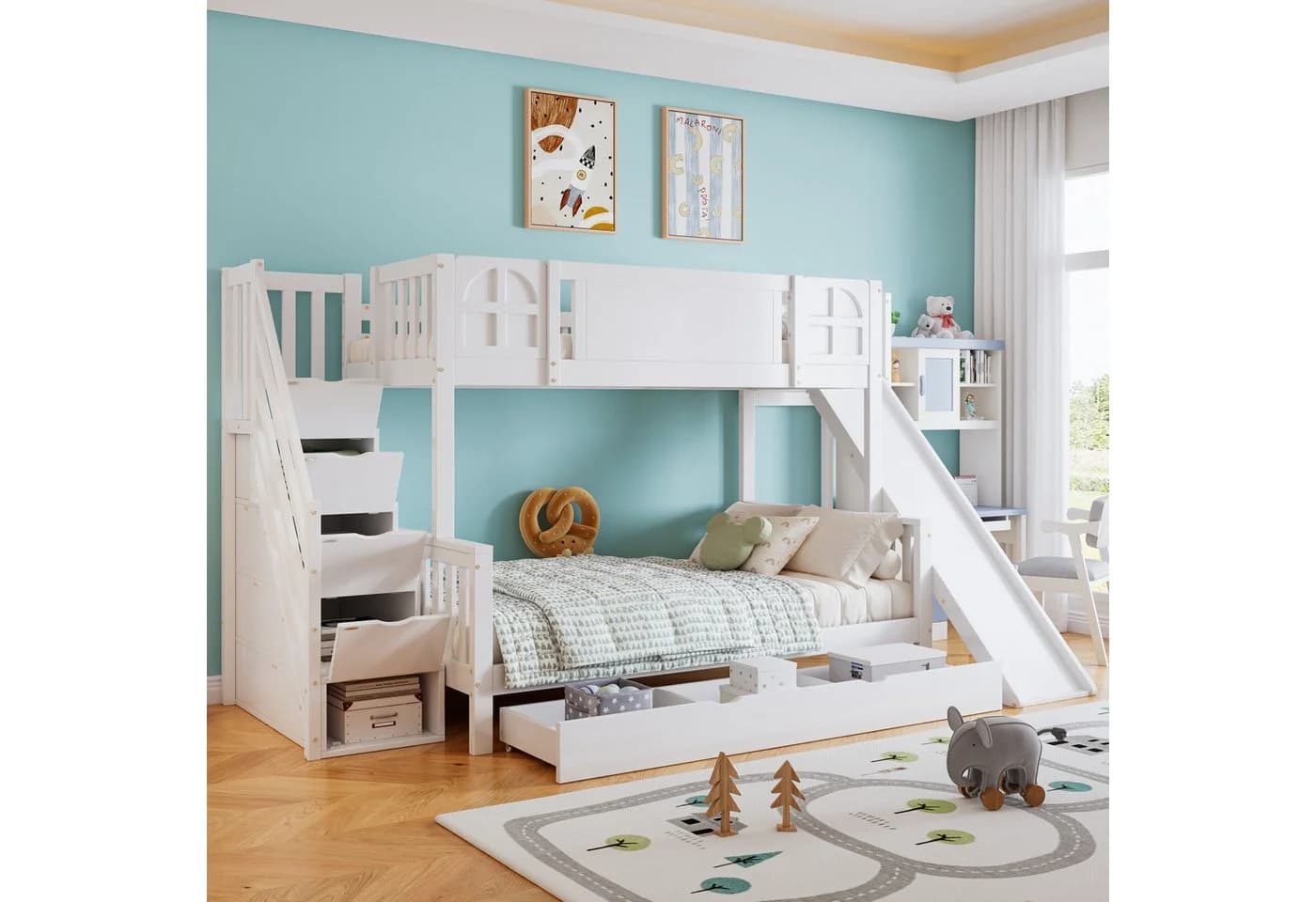 Flieks Etagenbett Kinderbett mit Rutsche Stauraumtreppe Schublade