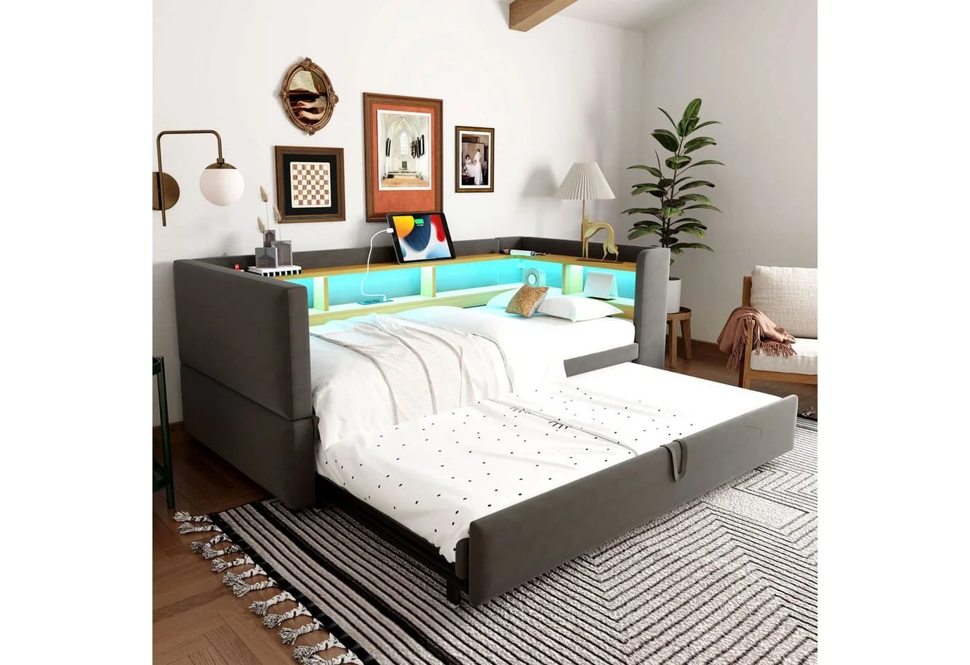 Flieks Daybett Polsterbett mit LED und Stauraum Grau