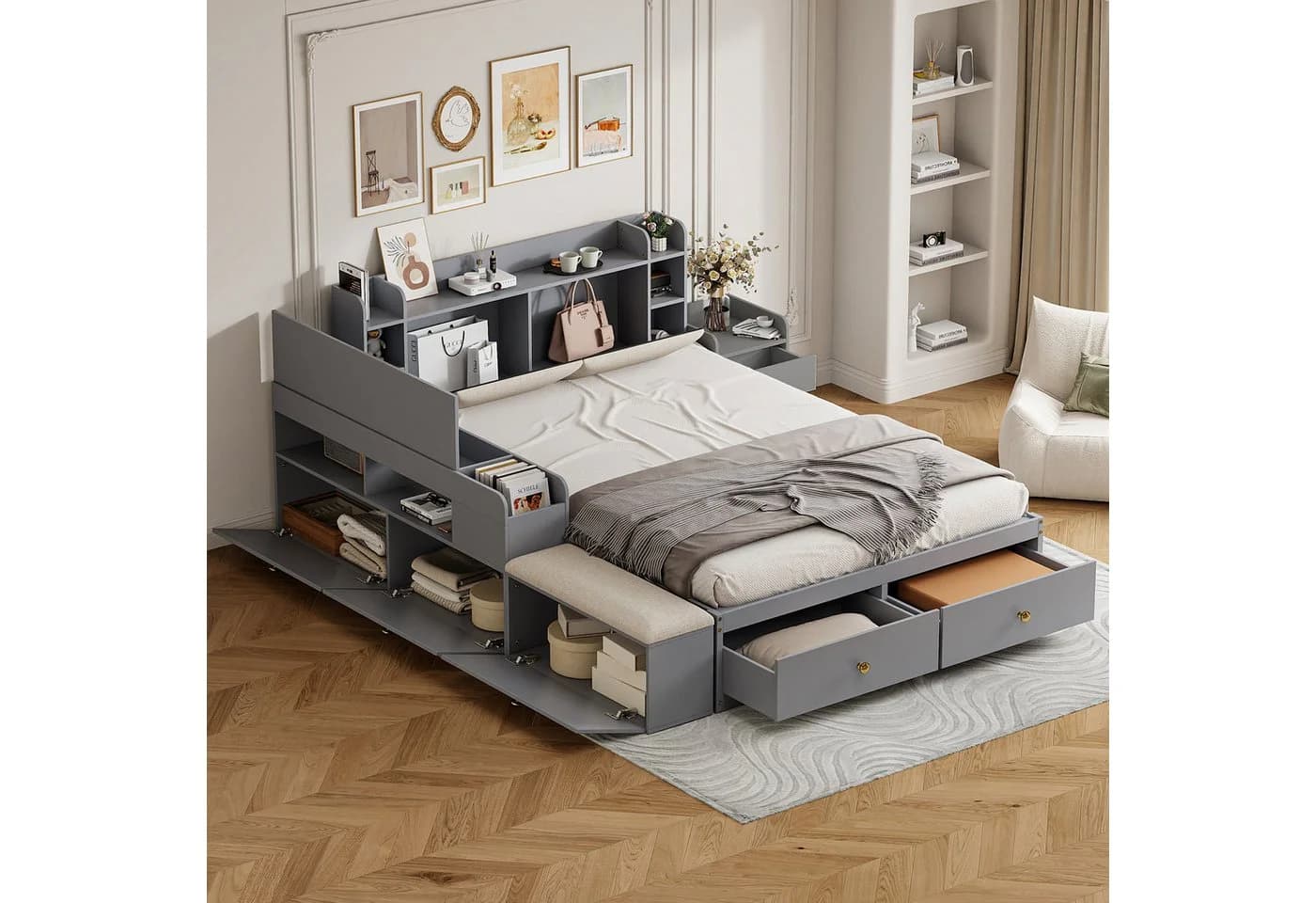 Flieks Kombi-Bett Doppelbett 140x200cm mit Stauraum und Sofabank Grau