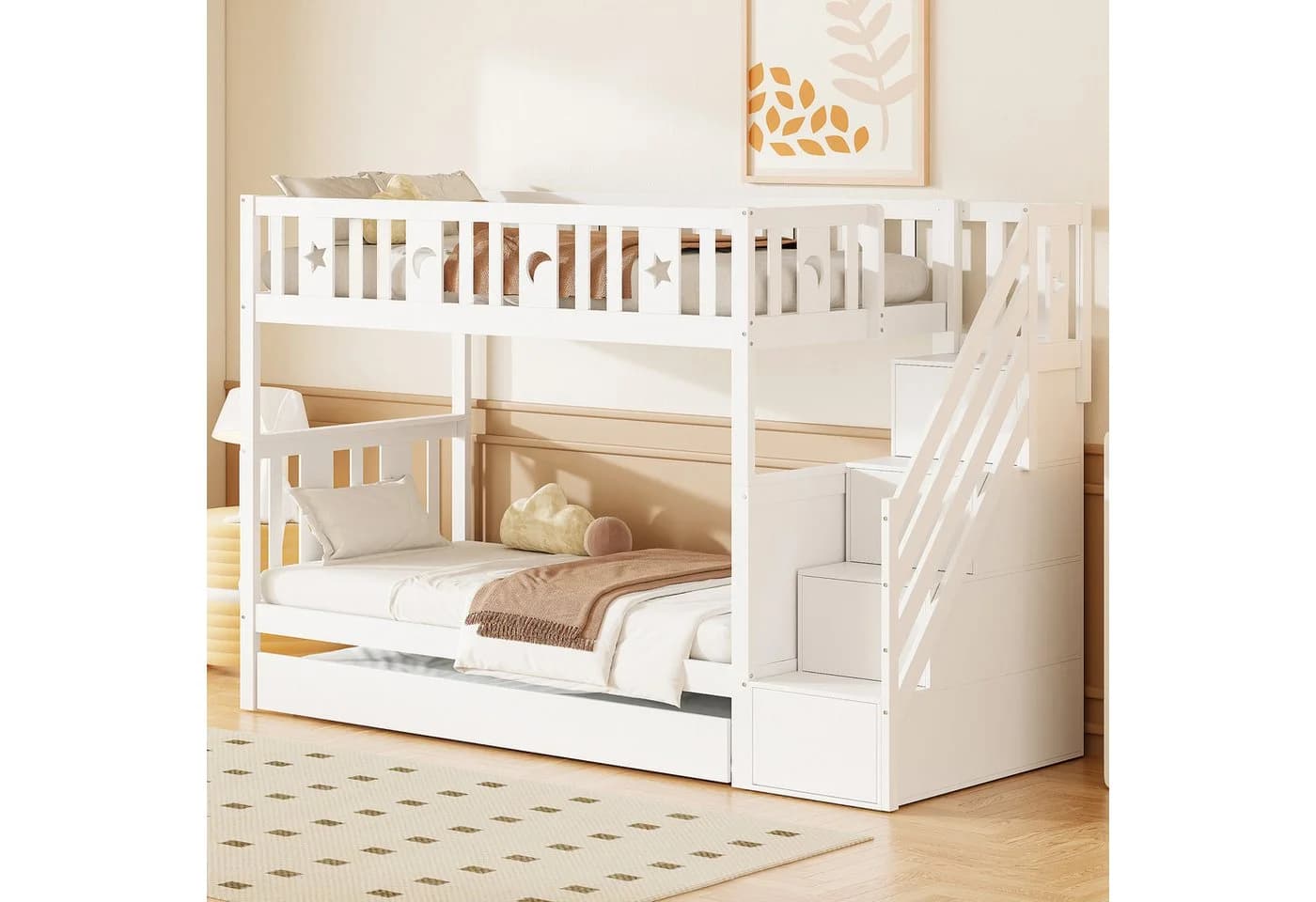 Flieks Etagenbett mit Ausziehbett und Stauraumtreppe Weiß