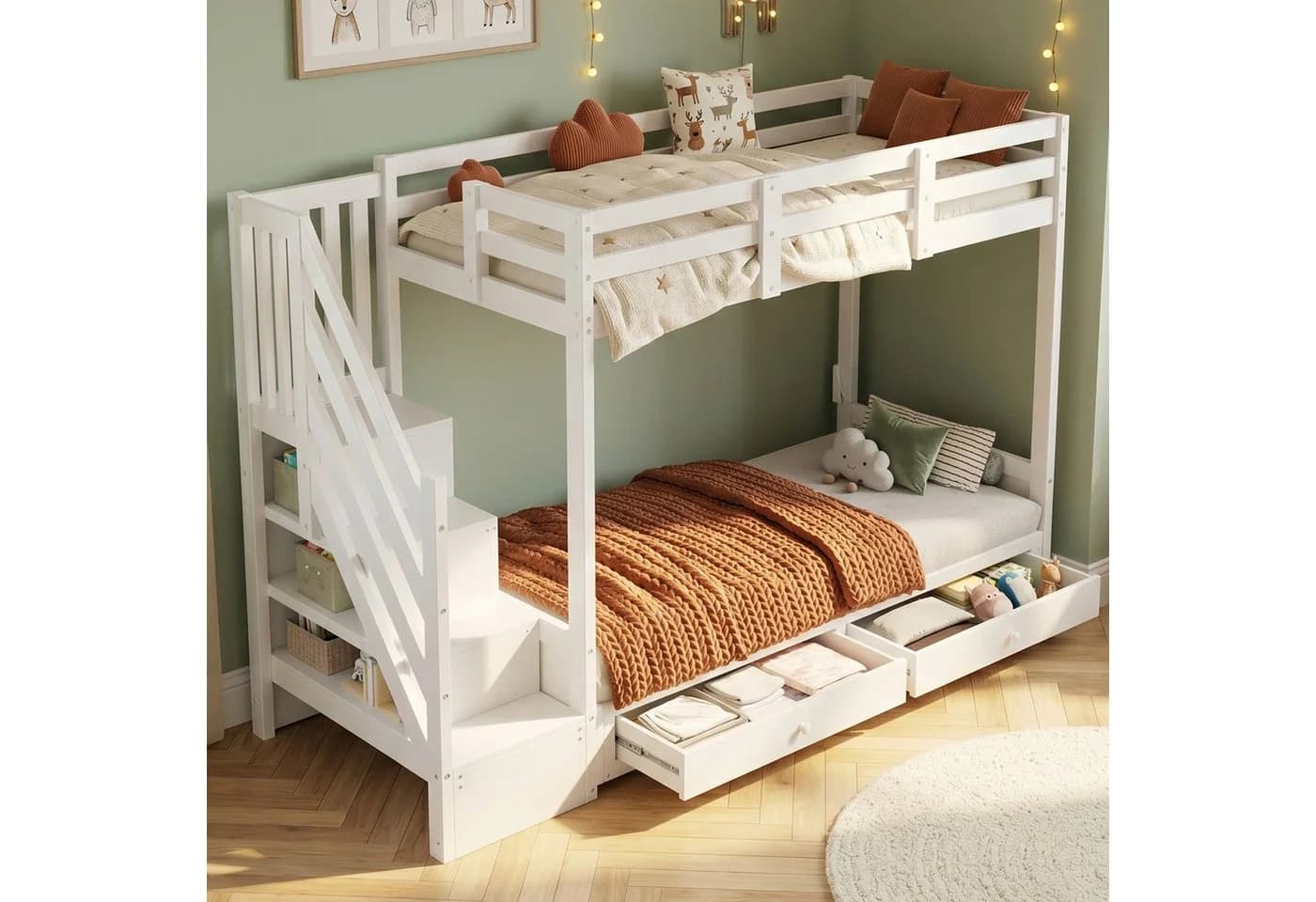 Flieks Etagenbett mit Stauraumtreppe und verstellbarem Sofa