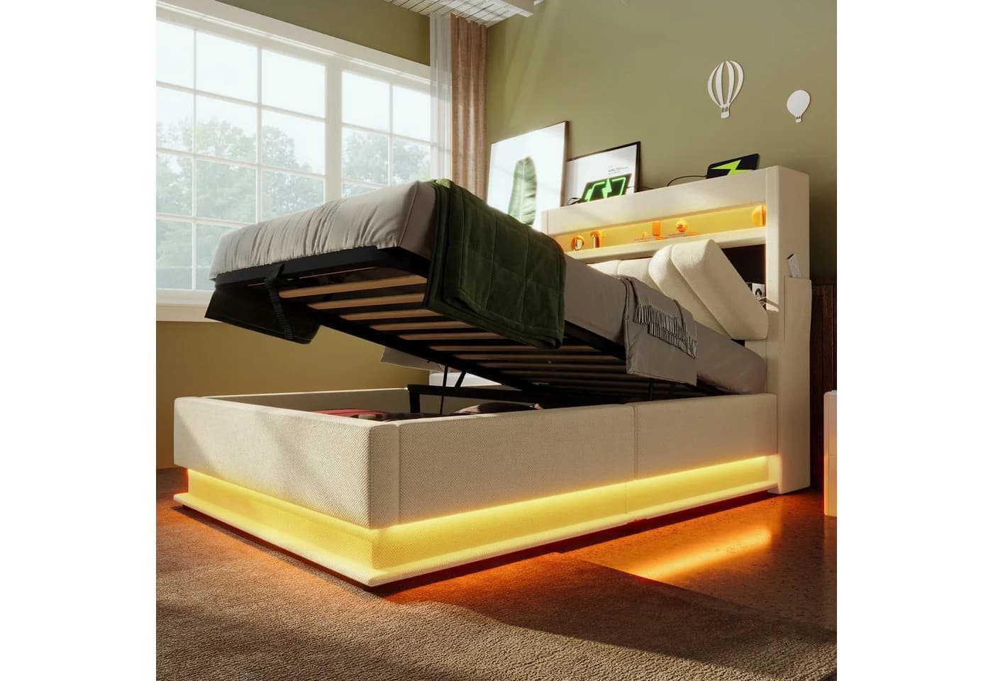 Flieks Polsterbett 90x200cm mit LED, Stauraum und Ladefunktion Beige