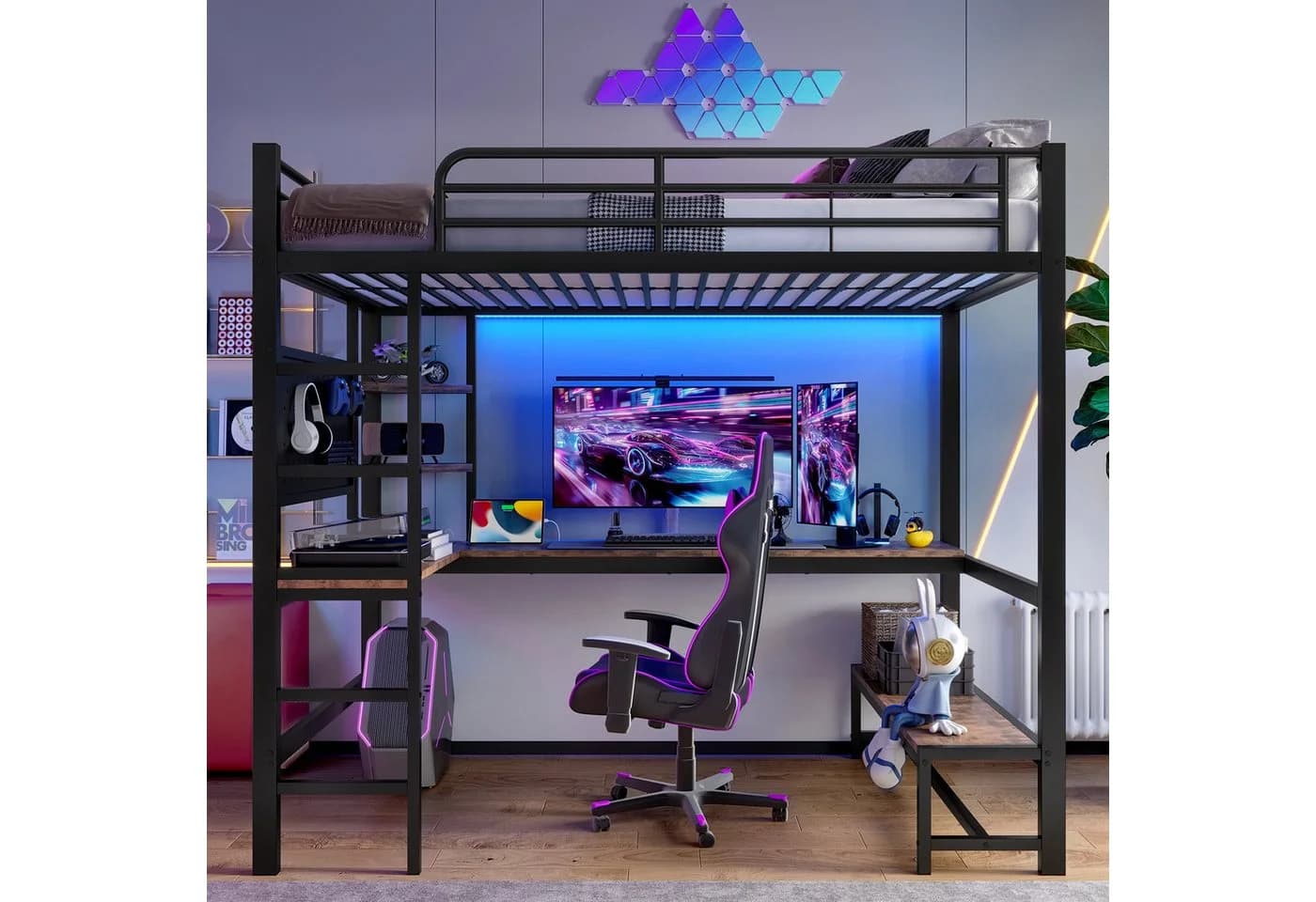 Flieks Hochbett Metallbett 90x200cm mit LED, USB und Schreibtisch