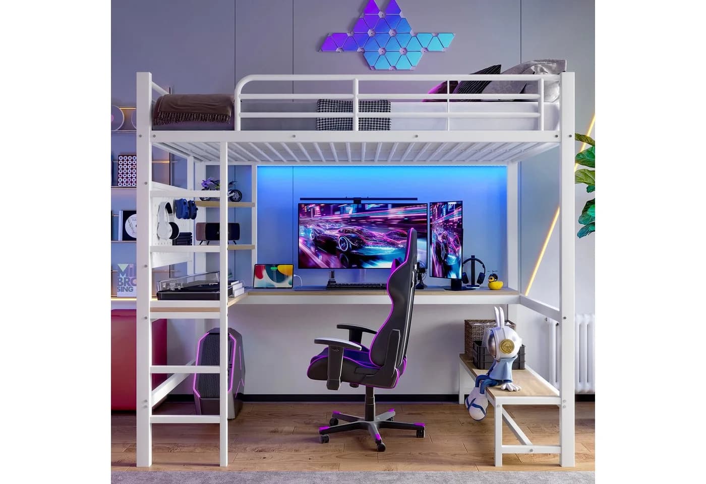 Flieks Hochbett Metall mit LED, USB & Schreibtisch