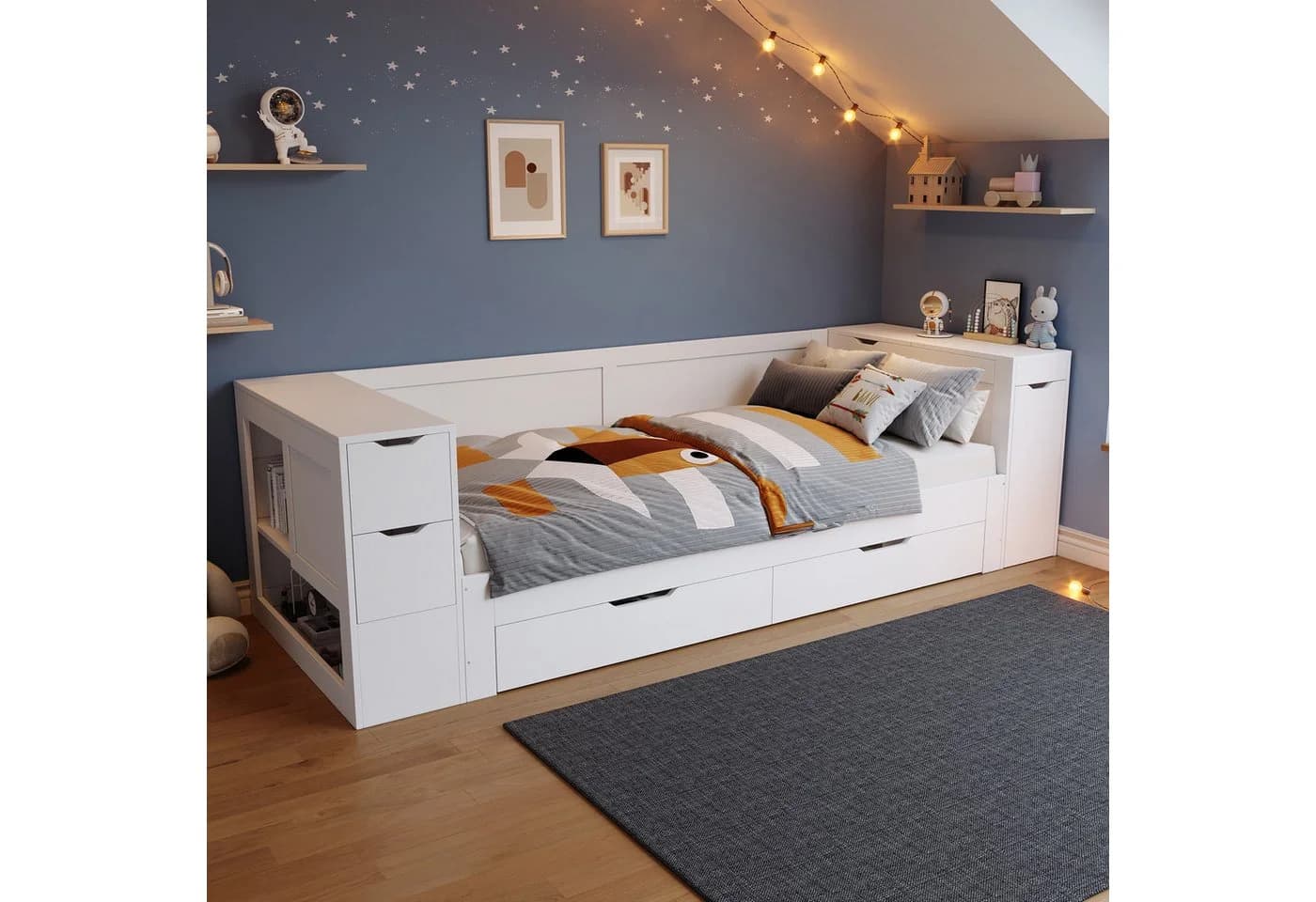 Flieks Kinderbett Stauraumbett mit Schubladen und Nachttisch