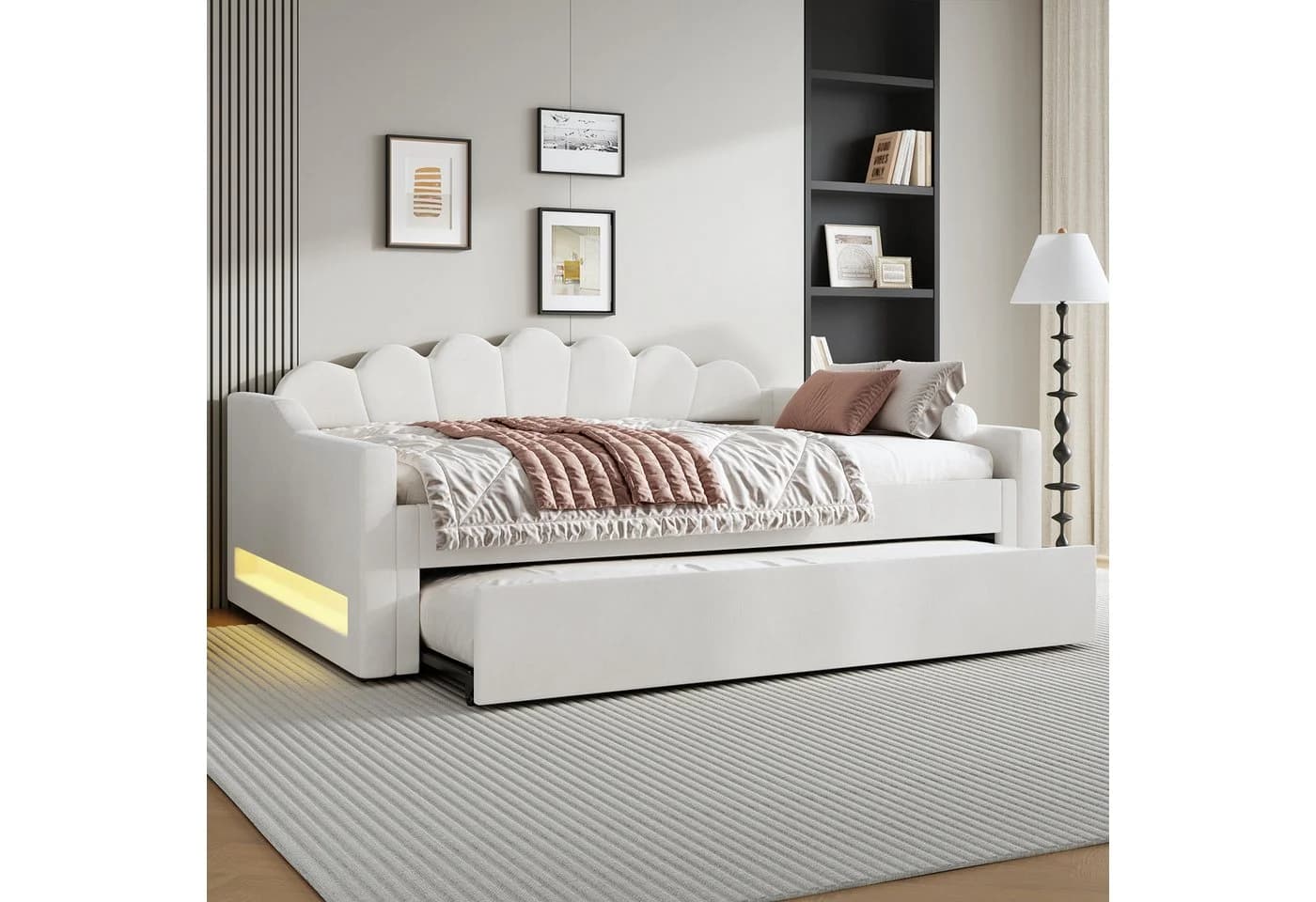 Flieks Daybett Polsterbett Beige mit Ausziehbett und LED