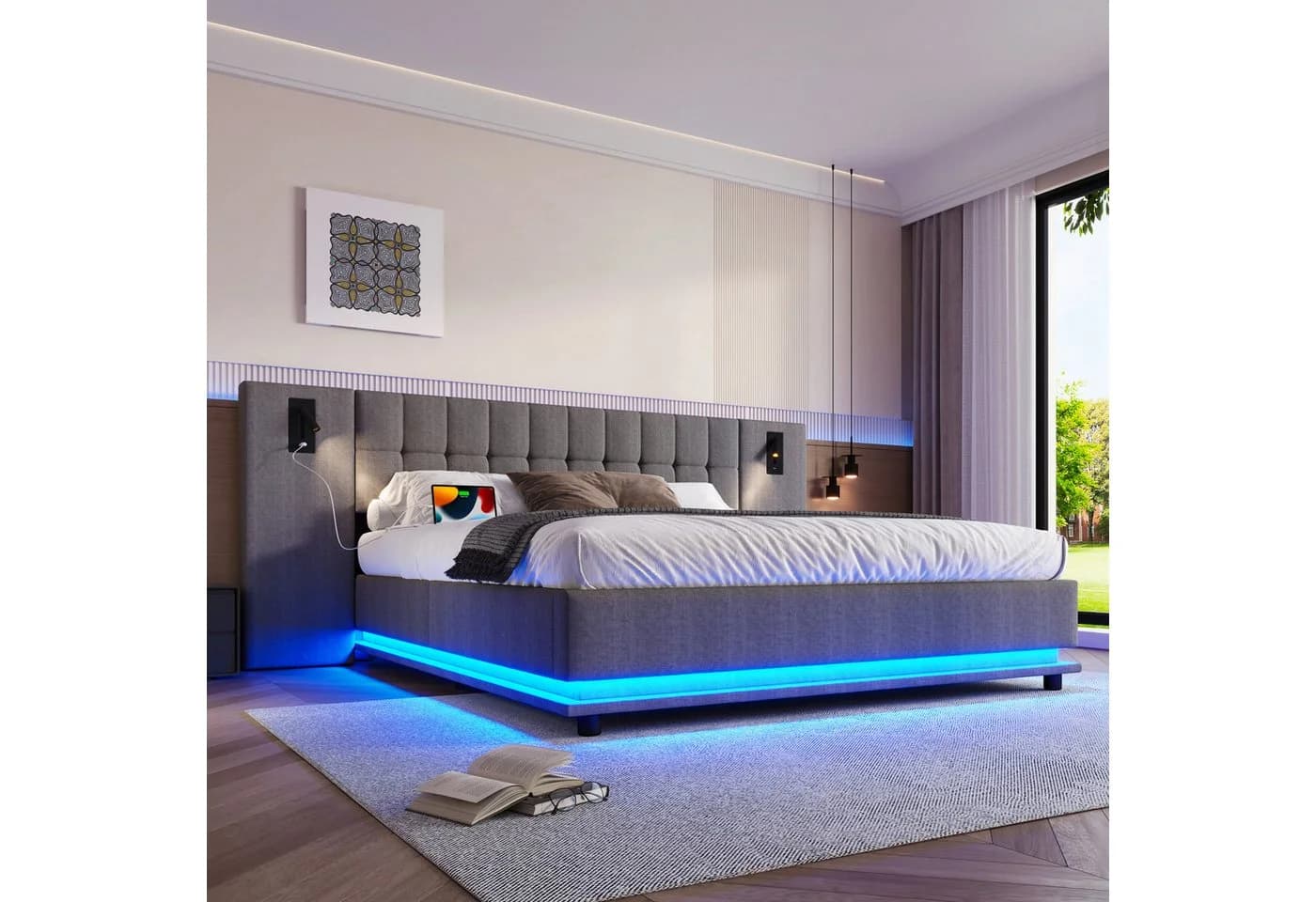 Flieks Polsterbett Grau mit LED, Leselampe und USB