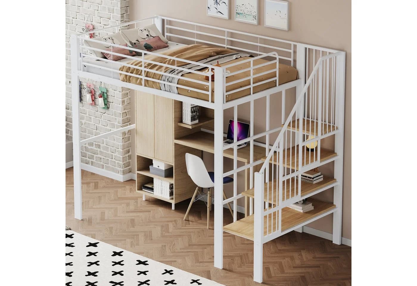 Flieks Hochbett Weiß mit Stauraum und Treppe