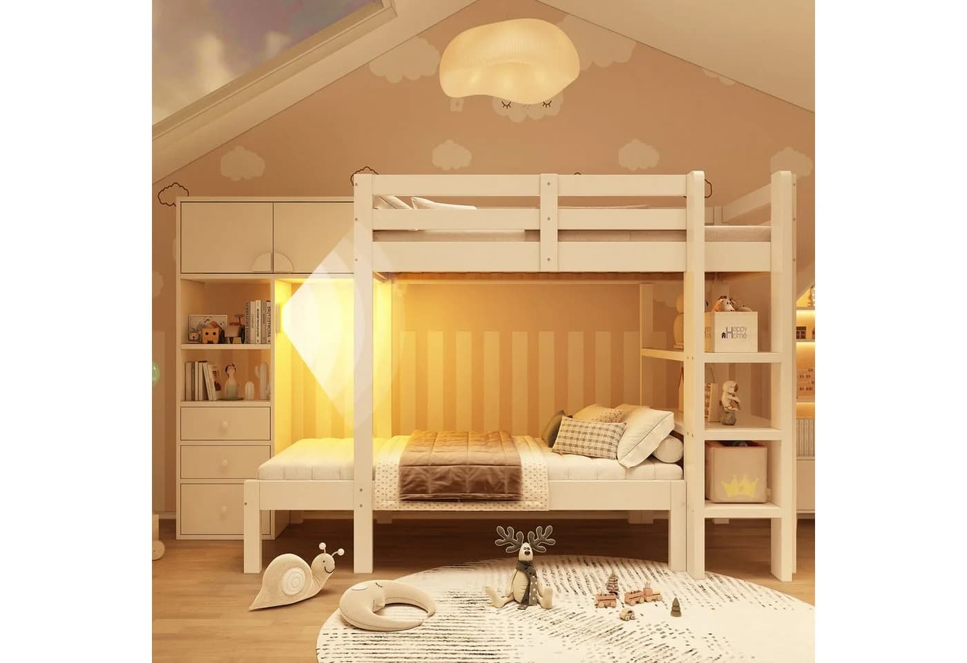 Flieks Etagenbett Kinderbett 90x200cm mit Nachtlicht, Schrank und Regal