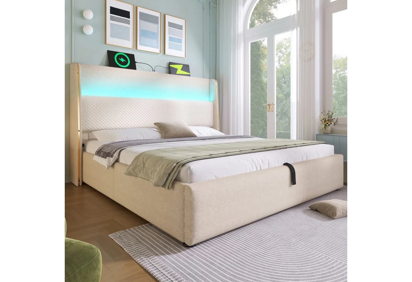 Flieks Polsterbett Beige mit LED & USB