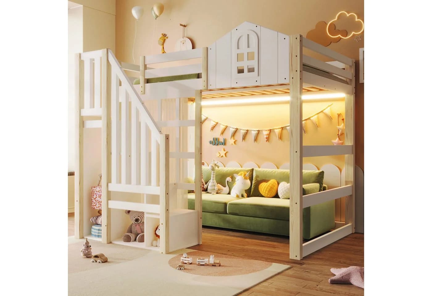 Flieks Hochbett Kinderbett Hausbett 140x200cm mit LED, Gazevorhang, Stauraumtreppe