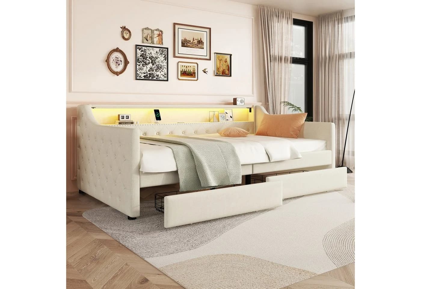 Flieks Daybett LED Polsterbett Tagesbett 90x200cm mit 2 Schubladen USB-Ladebuchse