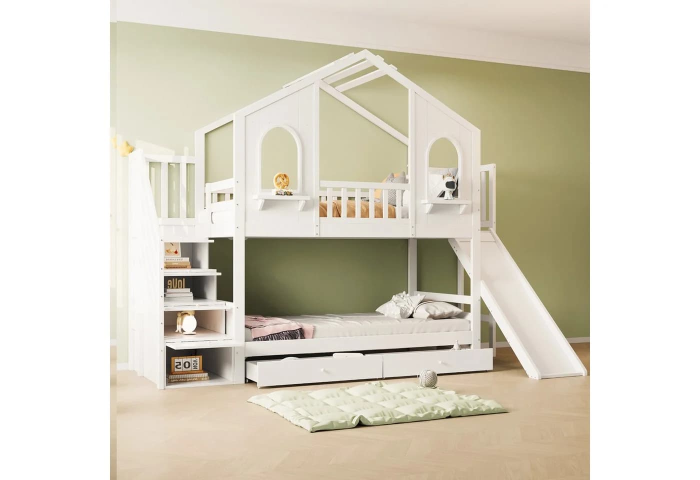 Flieks Etagenbett Kinderbett Hausbett 90x200cm mit Stauraumtreppe Rutsche 2 Schubladen