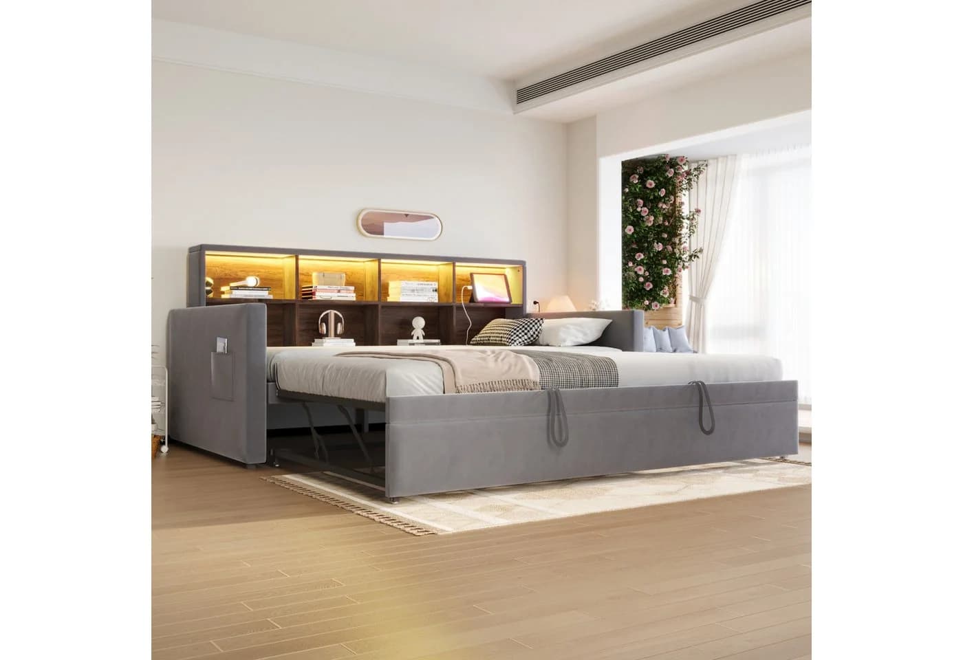 Flieks Daybett LED Polsterbett 90/180x190cm mit Ausziehbett, Staufächern und Aufladen