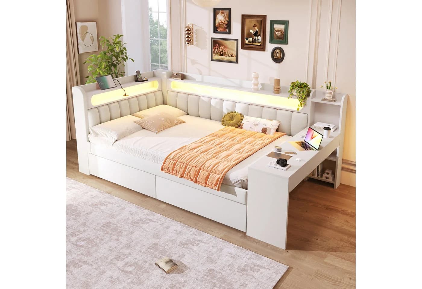 Flieks Daybett Polsterbett 140x200cm mit 2 Schubladen, USB, LED und Schreibtisch