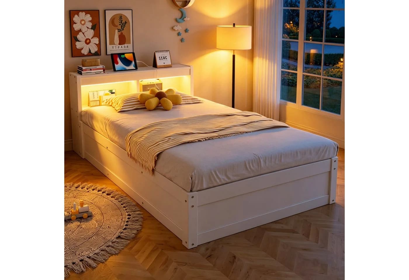 Flieks Massivholzbett Daybett 90x200cm Weiß mit LED & Stauraum