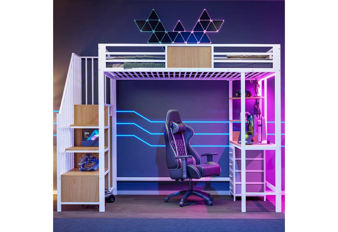 Flieks Hochbett Metall 90x200 mit Schreibtisch Stauraumtreppe LED