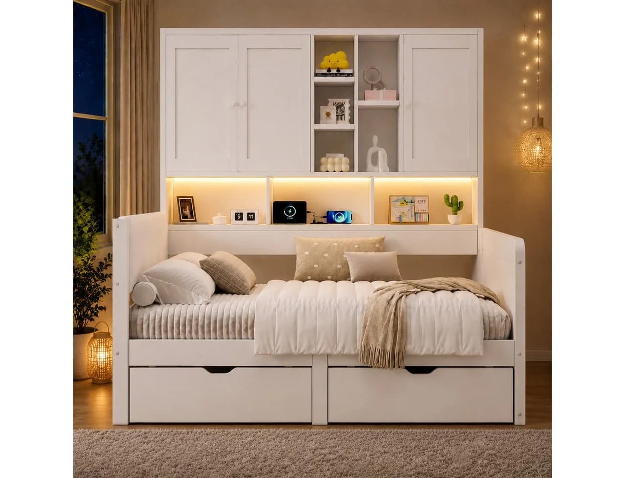 Flieks Holzbett Daybett 90x200cm mit LED, Stauraum & USB