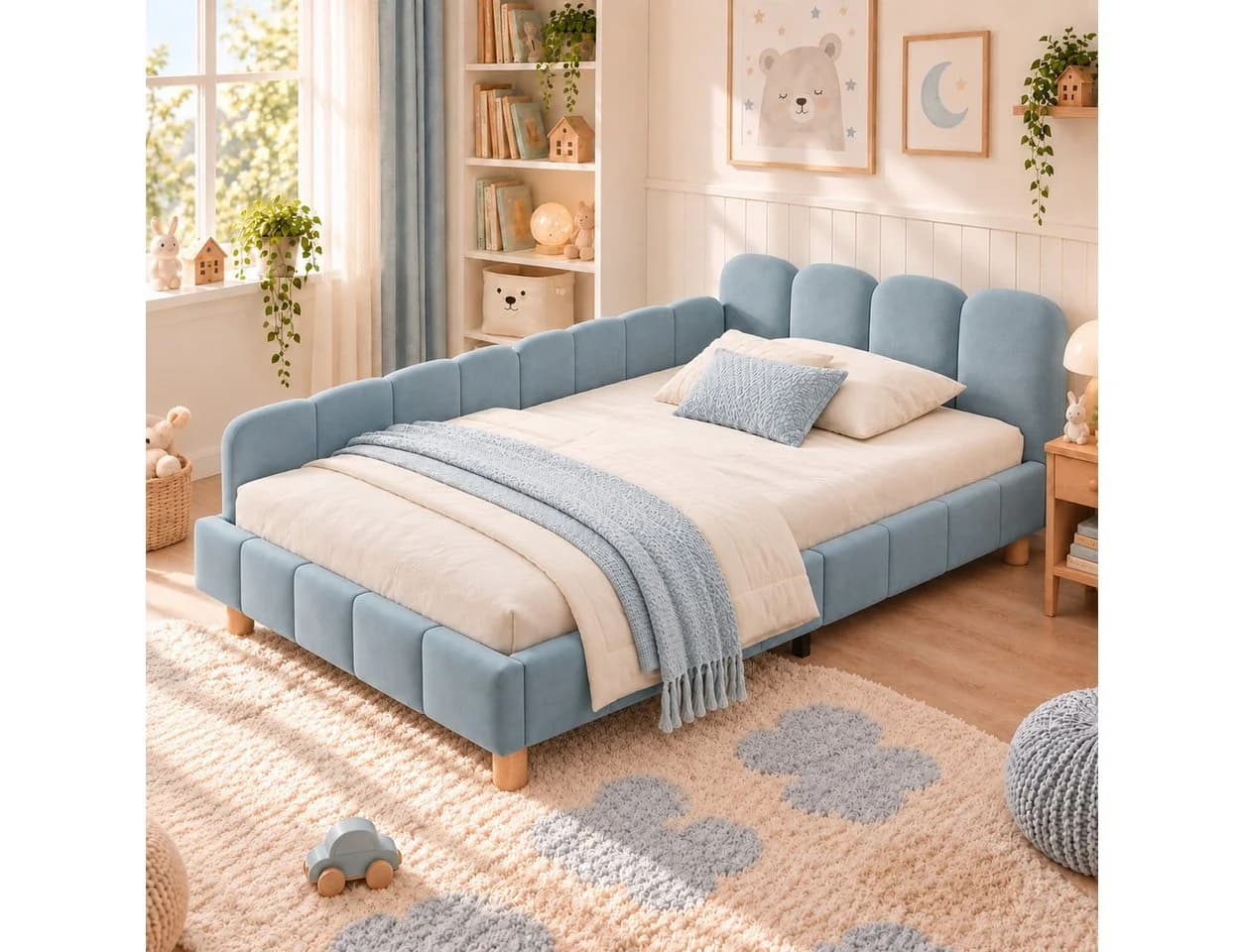 Flieks Polsterbett 90x200cm Blau mit Polsterkopfteil und Rausfallschutz