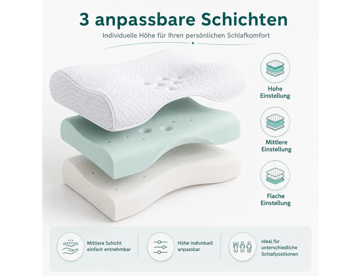 Diyarts Gelschaumkopfkissen Memory Foam 3-fach höhenverstellbar