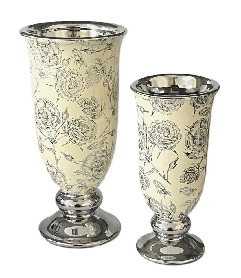 Exner GmbH Tischvase Pokal 2er Set Keramik Elfenbein/Silber Barock Stil