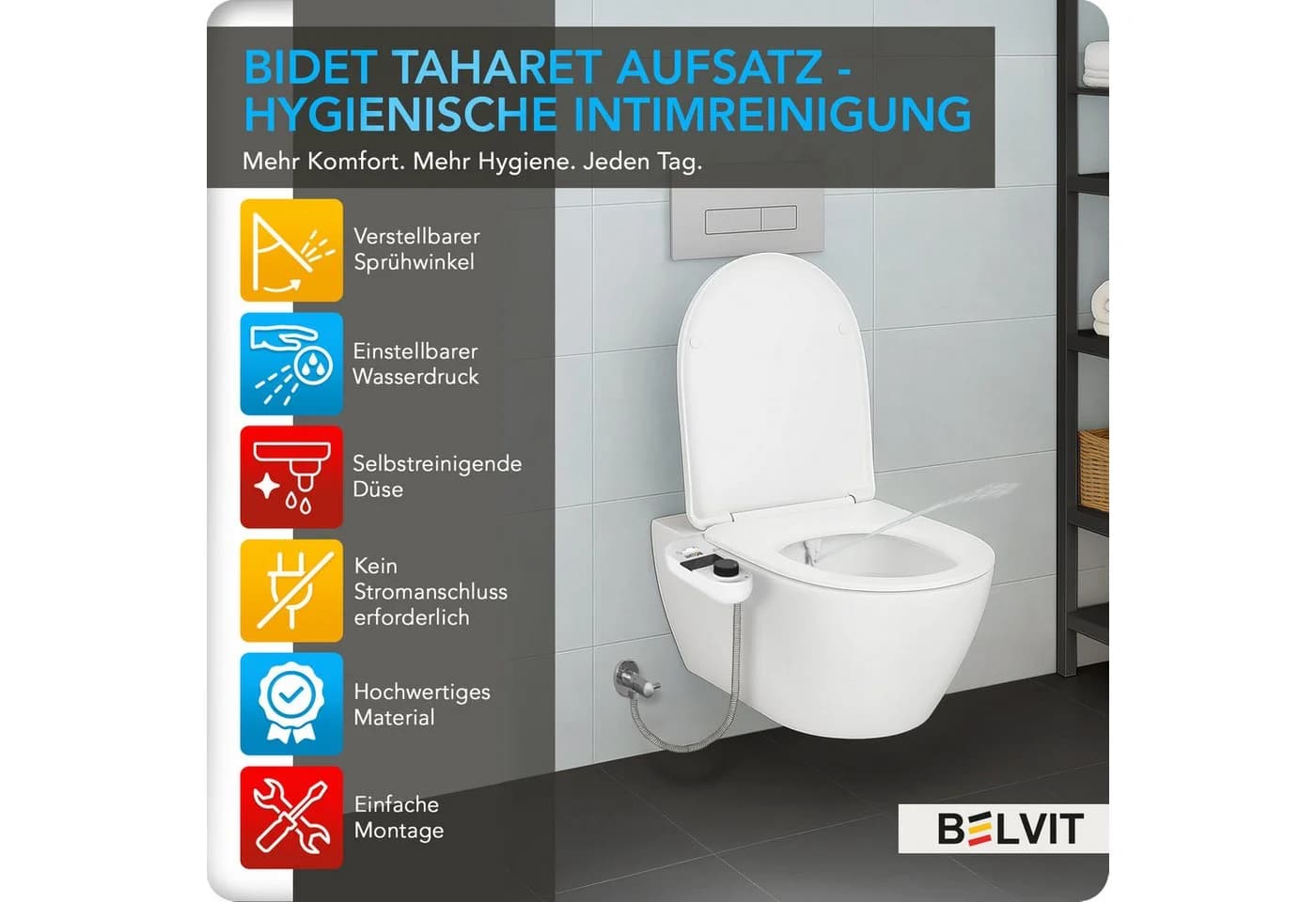 Belvit Bidet-Einsatz Schwarz - Selbstreinigende Düse ohne Strom