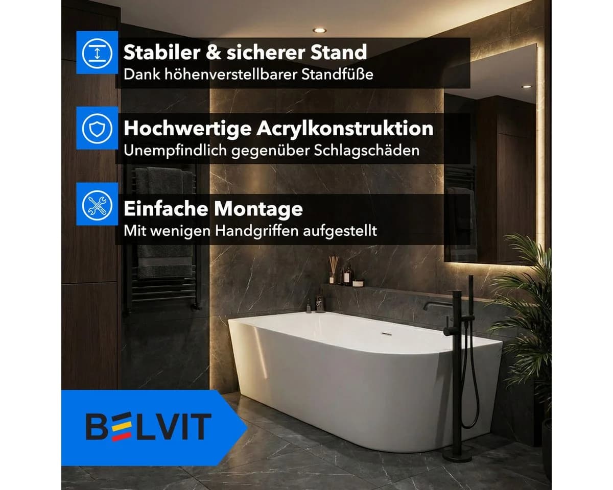 Belvit Badewanne Acryl Eckbadewanne Oval Freistehend