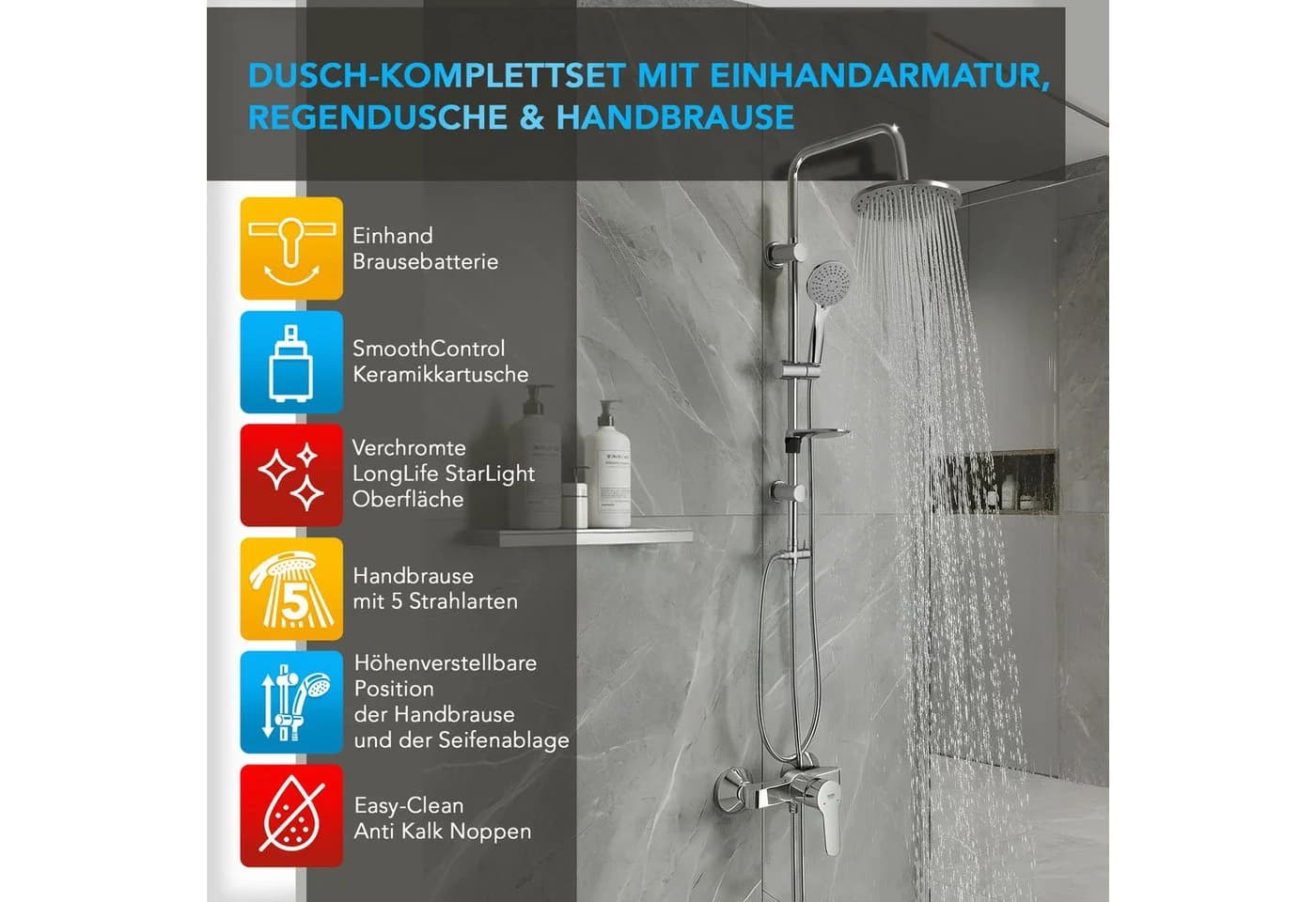 Grohe Duscharmatur BauEdge Duschsystem mit Einhandarmatur, Brause, Duschstange & Schlauch