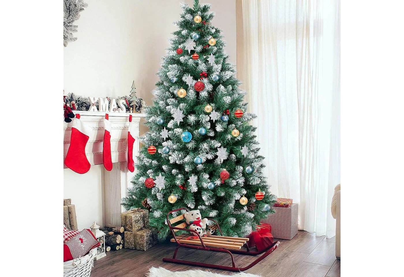 SunJas Künstlicher Weihnachtsbaum mit Schnee, Beeren & Zapfen